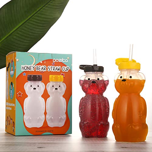 2 Pack Honey Bear Straw Cups with 4 Flexible Straws & Cleaning Tools(2 Straw Brushes &1 Bottle Brush), 8-Ounce Therapy Sippy Bottles for Speech and Feeding Training, Leak-Proof & Food-Grade & BPA Free