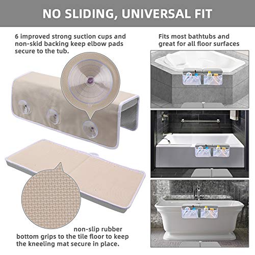 Bath Kneeler and Elbow Rest Set Baby Bath Kneeling Pad, Thick Non-Slip Bathing Kneeling Mat Cushion Quick Drying Bathtub Knee Saver with Arm Support and Pockets for Bathroom Bathing time Comfort, Gray