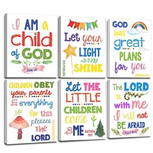 sunday school decorations for classroom, framed bible verse wall decor for kids room, christian religious wall art canvas for nursery playroom bedroom (set of 6, 8x10in, framed)