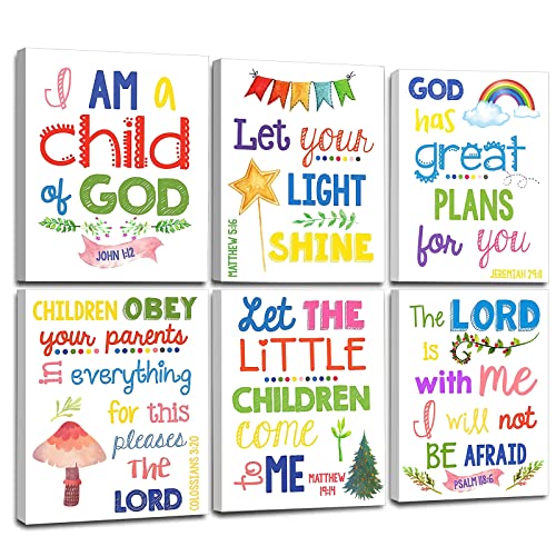 Sunday School Decorations for Classroom, Framed Bible Verse Wall Decor for Kids Room, Christian Religious Wall Art Canvas for Nursery Playroom Bedroom (Set of 6, 8X10in, Framed)