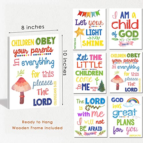 Sunday School Decorations for Classroom, Framed Bible Verse Wall Decor for Kids Room, Christian Religious Wall Art Canvas for Nursery Playroom Bedroom (Set of 6, 8X10in, Framed)