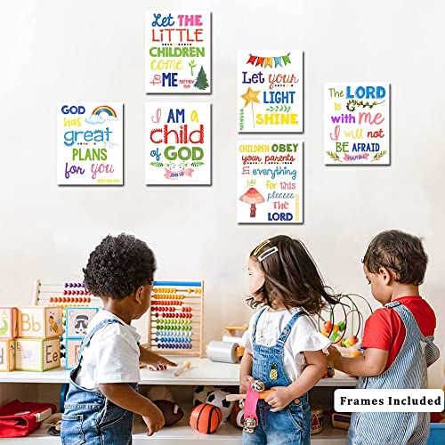 Sunday School Decorations for Classroom, Framed Bible Verse Wall Decor for Kids Room, Christian Religious Wall Art Canvas for Nursery Playroom Bedroom (Set of 6, 8X10in, Framed)