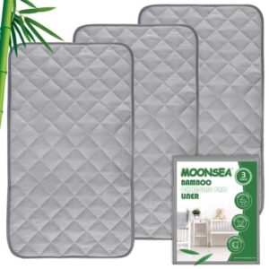 bamboo diaper changing pad liner non-slip, soft terry waterproof changing pad mat, quilted absorbent bassinet liner washable, 3 pack large 14"x 27" reusable changing table pad protector grey