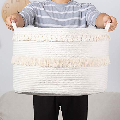 ANTJUMPER Cotton Rope Basket Hamper, Macrame Tassel Storage Basket with Handle Rope Woven Nursery Hamper Storage Bin for Clothes Blankets Pillow and Toys (20"x20"x14")