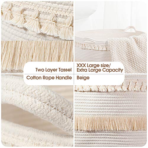 ANTJUMPER Cotton Rope Basket Hamper, Macrame Tassel Storage Basket with Handle Rope Woven Nursery Hamper Storage Bin for Clothes Blankets Pillow and Toys (20"x20"x14")