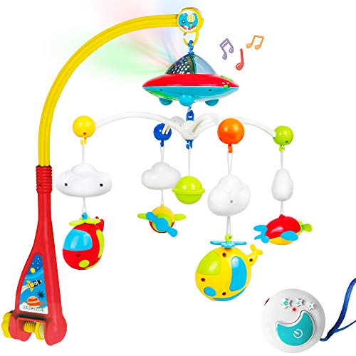 Bambiya Baby Crib Mobile with Music and Lights, Remote Control and Light Projector with Stars. Musical Mobile for Crib with Space, Airplanes and Clouds Theme. Nursery Toys for Babies 0-24 Months