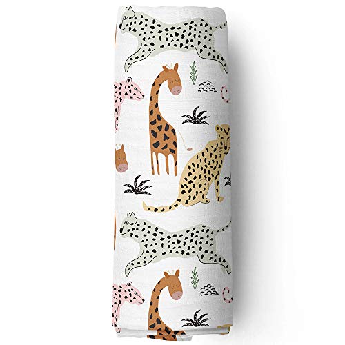 Aenne Baby Muslin Swaddle Blanket for Boys & Girls, Infant Toddler Quilt, Luxurious Wrap, Soft and Silky Stroller & Nursing Cover, Safari Animals Giraffe Cheetah Lion Blankie, Large 47"x 47", 1 Pack