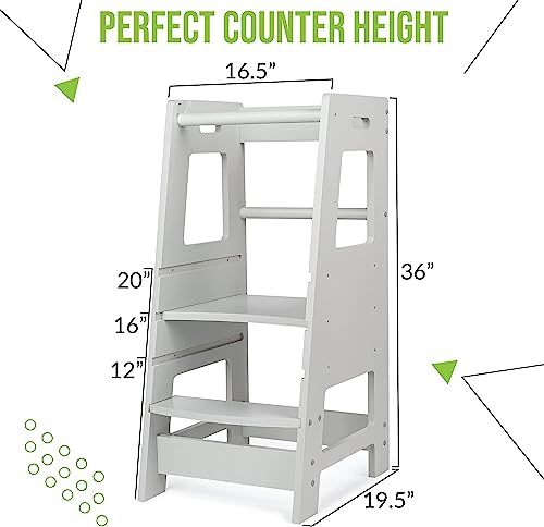 KidzWerks Child Standing Tower Kids Kitchen Step Stool Toddler Wood Stepping Stool, Children's Counter Height Learning Stools, Adjustable Platform, Gray