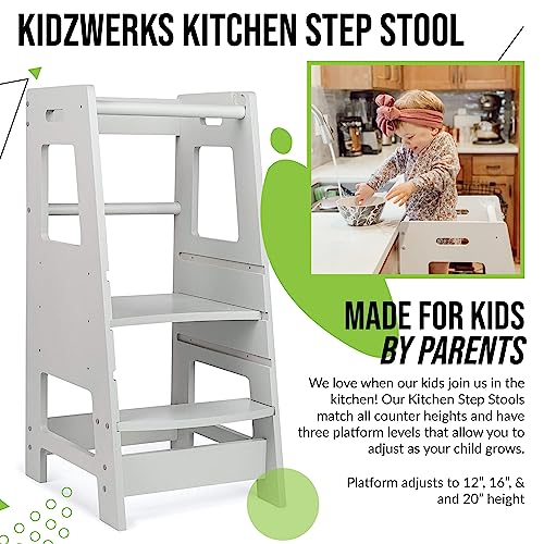 KidzWerks Child Standing Tower Kids Kitchen Step Stool Toddler Wood Stepping Stool, Children's Counter Height Learning Stools, Adjustable Platform, Gray