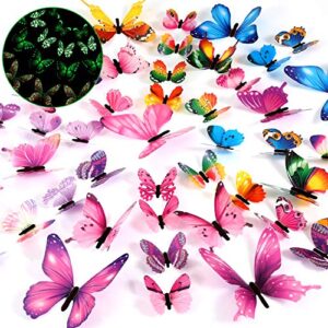 48 pieces luminous 3d glow in the dark butterfly wall decors decal removable ceiling butterfly stickers diy art crafts for nursery living room bedroom home decoration (pink, purple, multi-colors)