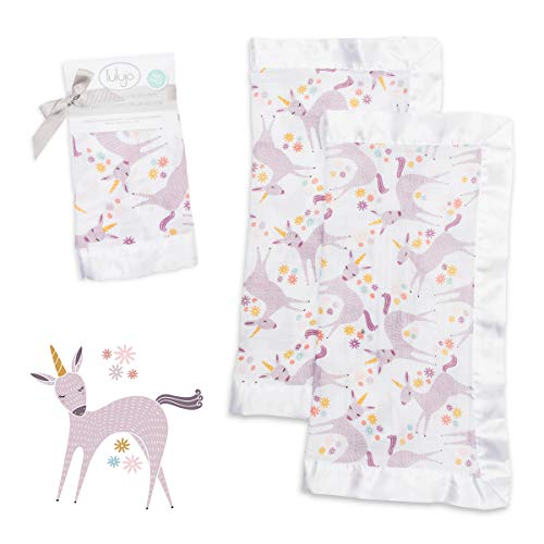 lulujo Baby Security Lovey Blankets| Unisex Softest Breathable Cotton Muslin Security Blanket with Silky Satin Trim| Neutral Comforting Blanket for Girls & Boys | 16in by 16 in| Unicorn