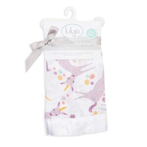 lulujo Baby Security Lovey Blankets| Unisex Softest Breathable Cotton Muslin Security Blanket with Silky Satin Trim| Neutral Comforting Blanket for Girls & Boys | 16in by 16 in| Unicorn