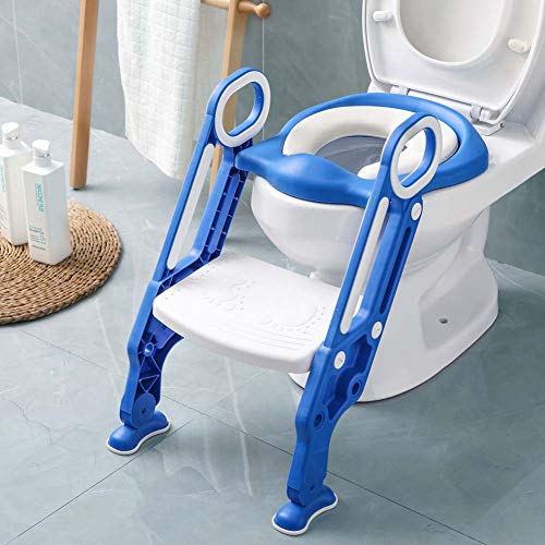 Potty Training Toilet Seat with Step Stool Ladder for Kids Children Baby Toddler Toilet Training Seat Chair with Soft Cushion Sturdy and Non-Slip Wide Steps for Girls and Boys (Blue White)