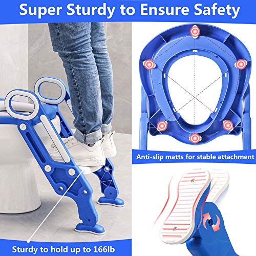 Potty Training Toilet Seat with Step Stool Ladder for Kids Children Baby Toddler Toilet Training Seat Chair with Soft Cushion Sturdy and Non-Slip Wide Steps for Girls and Boys (Blue White)