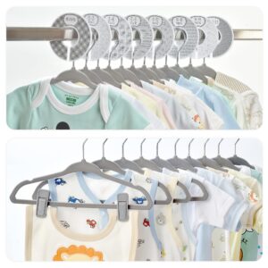 Babyrish Velvet Baby Hangers 30 Pack, Ultra Thin Nonslip Nursery Clothes Hangers with 8pcs Cute Clothing Dividers and 10pcs Hanger Clips for Kids Baby Boys & Girls Closet Organizer, Grey