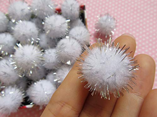 YYCRAFT 200pcs Glitter Tinsel Pom Poms Sparkle Balls for DIY Craft/Party Decoration/Cat Toys(20mm,White/Silver)