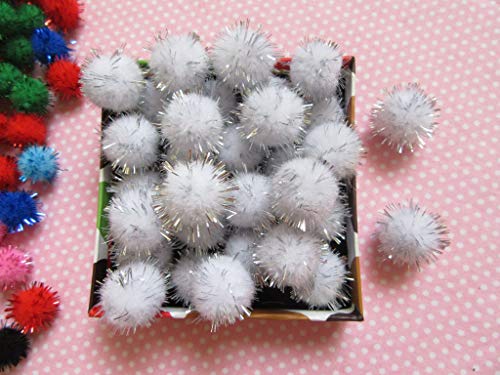 YYCRAFT 200pcs Glitter Tinsel Pom Poms Sparkle Balls for DIY Craft/Party Decoration/Cat Toys(20mm,White/Silver)