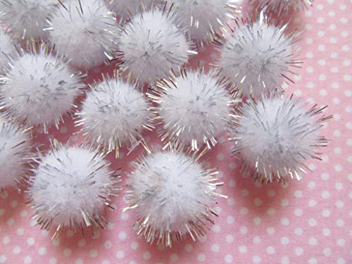 YYCRAFT 200pcs Glitter Tinsel Pom Poms Sparkle Balls for DIY Craft/Party Decoration/Cat Toys(20mm,White/Silver)