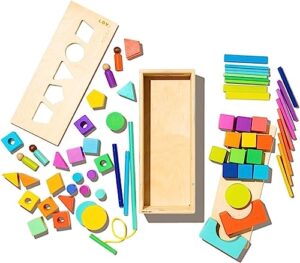 the block set by lovevery – solid wood building blocks and shapes + wooden storage box, 70 pieces, 18 colors, 20+ activities