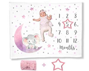 elephant baby milestone blanket headband, month marker, newborn photography background mat photo prop, calendar growth tracker chart, i love you to the moon and back stars nursery (pink, minky 50x40)