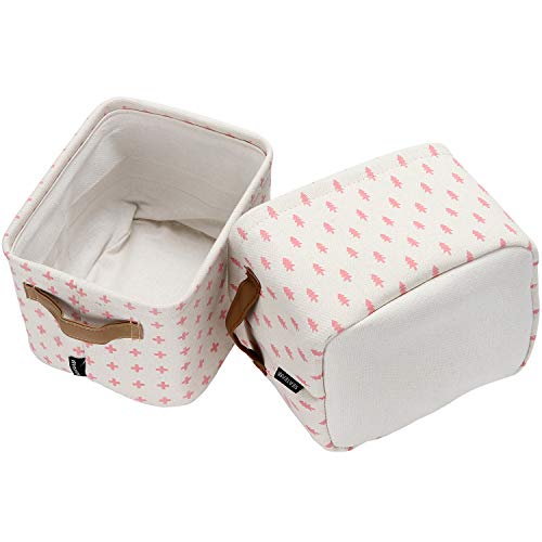 Sea Team Collapsible Small Canvas Fabric Storage Basket with Handles, Square Mini Storage Box, Cube, Foldable Shelf Basket, Closet, Desk Organizer for Nursery, Home, Office (Pink, Set of 4)