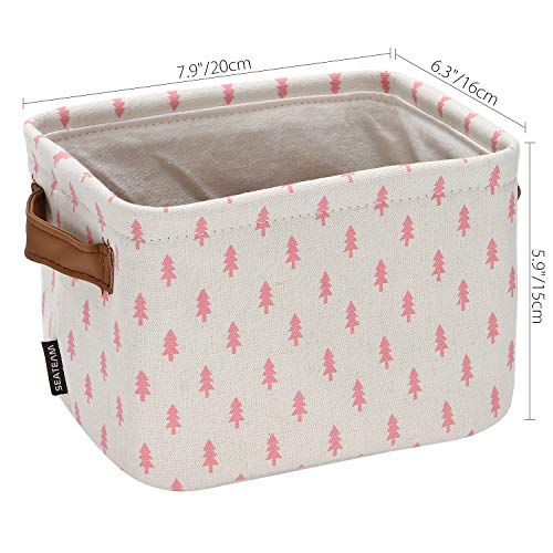 Sea Team Collapsible Small Canvas Fabric Storage Basket with Handles, Square Mini Storage Box, Cube, Foldable Shelf Basket, Closet, Desk Organizer for Nursery, Home, Office (Pink, Set of 4)