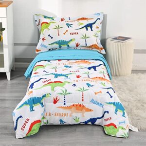 wowelife toddler bedding set dinosaur for boys, premium 4 piece toddler bed set white blue, super soft and comfortable for toddler