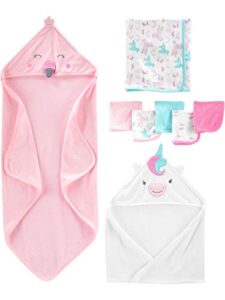 simple joys by carter's unisex babies' 8-piece towel and washcloth set, white unicorn/flamingo pink, one size