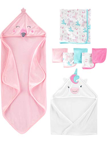 Simple Joys by Carter's Unisex Babies' 8-Piece Towel and Washcloth Set, White Unicorn/Flamingo Pink, One Size