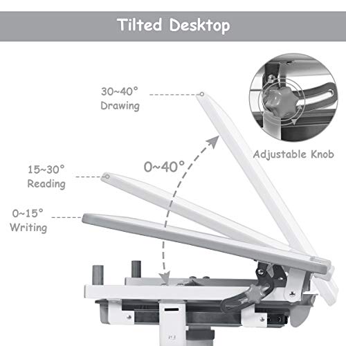 HONEY JOY Kids Desk and Chair Set, Height Adjustable Study Table and Chair, Tilting Desktop with Book Stand and Drawer Storage, Metal Hook for Schoolbag, Ergonomic Design for Boys and Girls