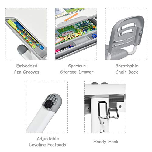 HONEY JOY Kids Desk and Chair Set, Height Adjustable Study Table and Chair, Tilting Desktop with Book Stand and Drawer Storage, Metal Hook for Schoolbag, Ergonomic Design for Boys and Girls