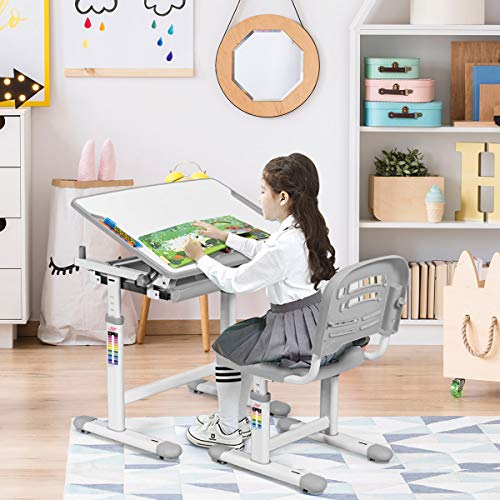 HONEY JOY Kids Desk and Chair Set, Height Adjustable Study Table and Chair, Tilting Desktop with Book Stand and Drawer Storage, Metal Hook for Schoolbag, Ergonomic Design for Boys and Girls