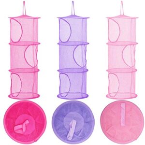 3pcs hanging mesh space saver bags organizer 3 compartments toy storage basket for kids room organization mesh hanging bag set (pink, rose, purple)