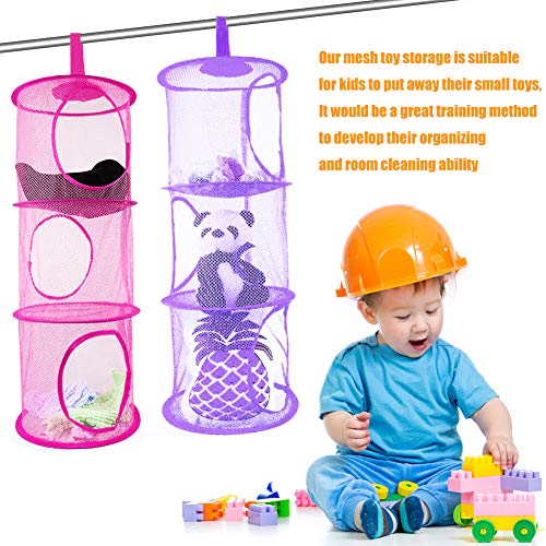 3Pcs Hanging Mesh Space Saver Bags Organizer 3 Compartments Toy Storage Basket for Kids Room Organization mesh Hanging Bag Set (Pink, Rose, Purple)