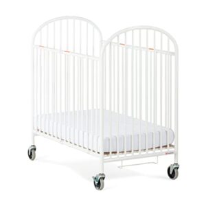 foundations pinnacle folding steel crib, portable baby crib with commercial grade 3" casters, heavy duty steel hotel crib, includes 4 inch foam mattress, white