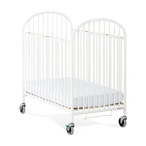 Foundations Pinnacle Folding Steel Crib, Portable Baby Crib with Commercial Grade 3" Casters, Heavy Duty Steel Hotel Crib, Includes 4 Inch Foam Mattress, White