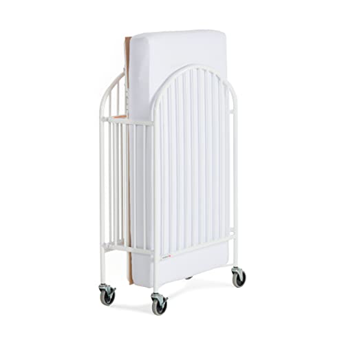 Foundations Pinnacle Folding Steel Crib, Portable Baby Crib with Commercial Grade 3" Casters, Heavy Duty Steel Hotel Crib, Includes 4 Inch Foam Mattress, White