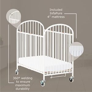 Foundations Pinnacle Folding Steel Crib, Portable Baby Crib with Commercial Grade 3" Casters, Heavy Duty Steel Hotel Crib, Includes 4 Inch Foam Mattress, White