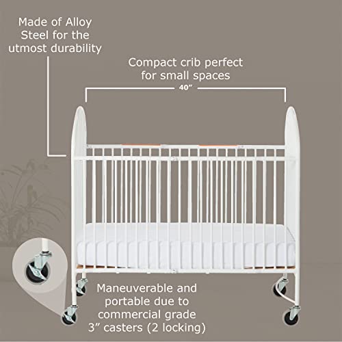 Foundations Pinnacle Folding Steel Crib, Portable Baby Crib with Commercial Grade 3" Casters, Heavy Duty Steel Hotel Crib, Includes 4 Inch Foam Mattress, White