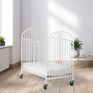 Foundations Pinnacle Folding Steel Crib, Portable Baby Crib with Commercial Grade 3" Casters, Heavy Duty Steel Hotel Crib, Includes 4 Inch Foam Mattress, White