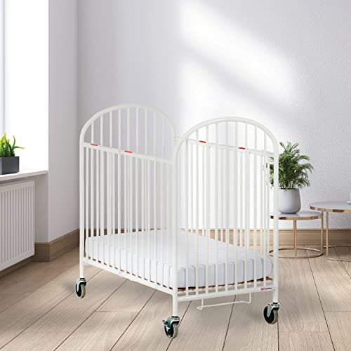 Foundations Pinnacle Folding Steel Crib, Portable Baby Crib with Commercial Grade 3" Casters, Heavy Duty Steel Hotel Crib, Includes 4 Inch Foam Mattress, White