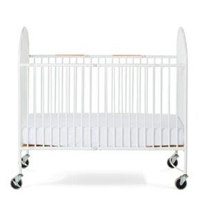 Foundations Pinnacle Folding Steel Crib, Portable Baby Crib with Commercial Grade 3" Casters, Heavy Duty Steel Hotel Crib, Includes 4 Inch Foam Mattress, White