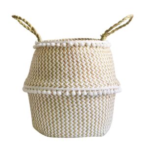 nuobesty natural round seagrass belly basket with handles for storage nursery laundry picnic plant pot cover and grocery and toy storage