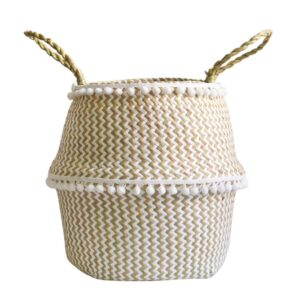 NUOBESTY Natural Round Seagrass Belly Basket with Handles for Storage Nursery Laundry Picnic Plant Pot Cover and Grocery and Toy Storage