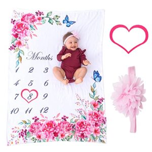 bliss n' baby monthly milestone blanket for baby girl - perfect baby age blanket with growth chart blanket - new moms set, wrinkle free, washable, dryable, red heart wreath & pink headband- 54"x40"