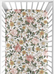 sweet jojo designs vintage floral boho girl fitted crib sheet baby or toddler bed nursery - blush pink, yellow, green and white shabby chic rose flower farmhouse