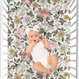 Sweet Jojo Designs Vintage Floral Boho Girl Fitted Crib Sheet Baby or Toddler Bed Nursery - Blush Pink, Yellow, Green and White Shabby Chic Rose Flower Farmhouse