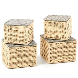 ezoware pack of 4 paper rope wicker storage baskets with lid, lidded woven braided organizer cube bins boxes for baby kids toy nursery room home closet - beige and gray