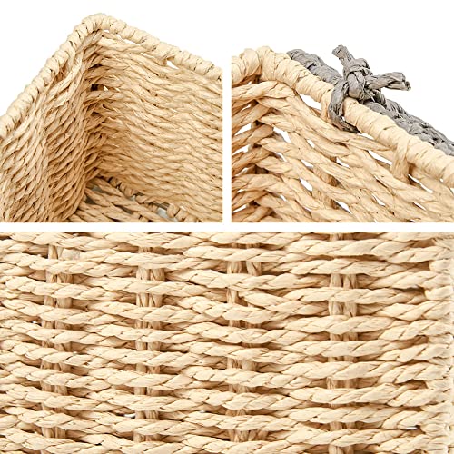 EZOWare Pack of 4 Paper Rope Wicker Storage Baskets with Lid, Lidded Woven Braided Organizer Cube Bins Boxes for Baby Kids Toy Nursery Room Home Closet - Beige and Gray