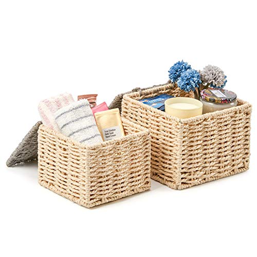 EZOWare Pack of 4 Paper Rope Wicker Storage Baskets with Lid, Lidded Woven Braided Organizer Cube Bins Boxes for Baby Kids Toy Nursery Room Home Closet - Beige and Gray